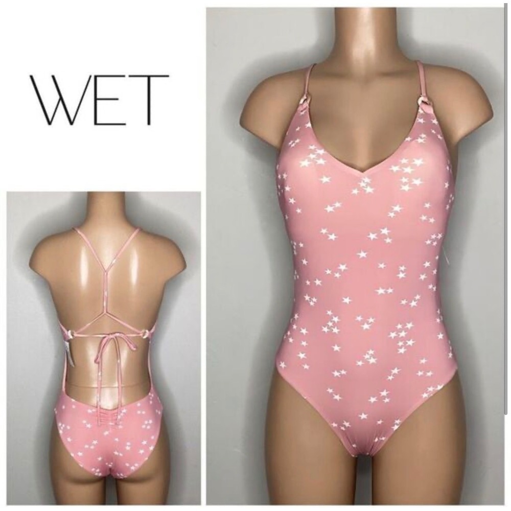 WET Swimwear Rose Stars Pink One Piece Swimsuit V-Neck T-Back NEW Medium